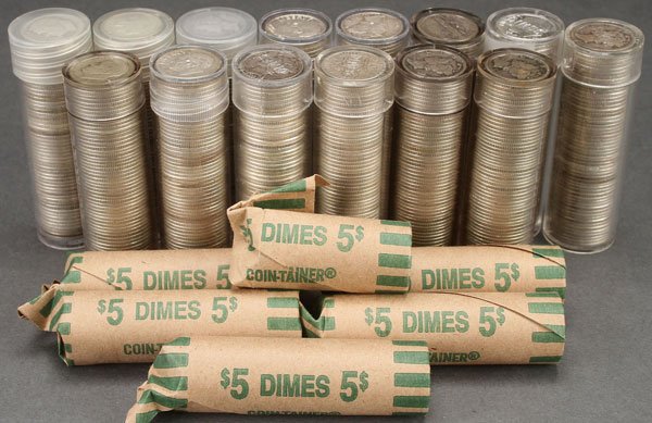 A GROUP OF 19 ROLLS OF U.S. SILVER DIMES.: A GROUP OF 19 ROLLS OF U.S. SILVER DIMES. Including Mercury and Roosevelt, mostly circulated with some later BU Roosevelts. IMPORTANT NOTICE: Sadly, due to the widespread criminal activity related to 