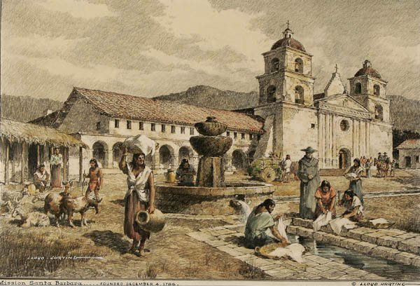 LLOYD HARTING (American 1901-1974) "The Mission o: LLOYD HARTING (American 1901-1974) "The Mission of Santa Barbara", watercolor, gouache and colored pencil, signed lower left and inscribed lower left "Mission Santa Barbara...Founded December 4, 1786"