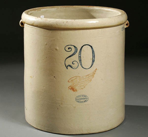 20 GALLON REDWING STONEWARE CROCK early 20th cent: 20 GALLON REDWING STONEWARE CROCK early 20th century, Union Stoneware Co. with large red wing, bail handles absent. Diameter 20". Estimate $75-$150