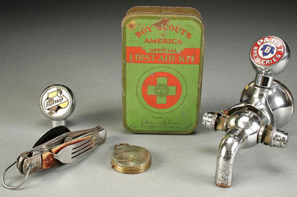 PABST AND FALSTAFF BEER TAP HANDLES together with: PABST AND FALSTAFF BEER TAP HANDLES together with a Boy Scout's first aid kit, and compass. Estimate $40-$80