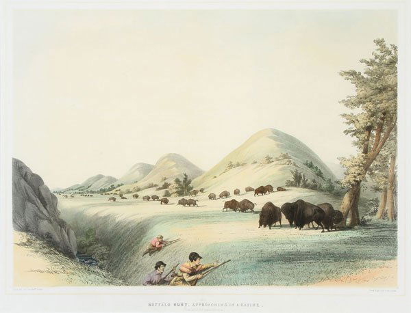 4 CATLIN & BODMER HAND COLORED PRINTS CIRCA 1840: GROUP OF GEORGE CATLIN & KARL BODMER HAND COLORED PRINTS, CIRCA 1840. Comprising BUFFALO HUNT, APPROACHING IN A RAVINE by George Catlin (1796-1879), plate No. 11, a lithograph with hand coloring and