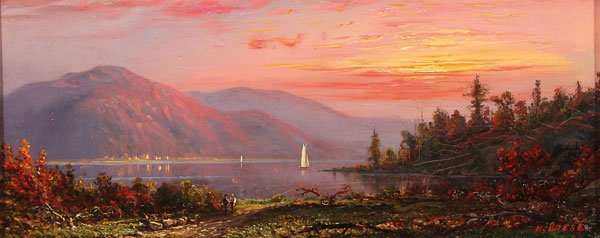 FINE HUDSON RIVER SCHOOL OIL BY HENRY BOESE: HENRY BOESE(American 1824-1897) Scene of the Hudson Highlands Oil on artist board Signed lower right "H. Boese" and inscribed on verso with title in artist's hand 5.25 inches x 12 inches, contained in