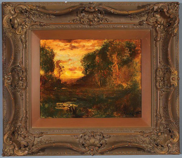 DUSK LANDSCAPE PAINTING BY WILLIAM KEITH (1838-1911): WILLIAM KEITH(American 1838-1911)Landscape at Dusk Oil on canvasSigned lower right11 inches x 14.25 inches SHIPPING NOTICE:Jackson’s is your sole and only source for on