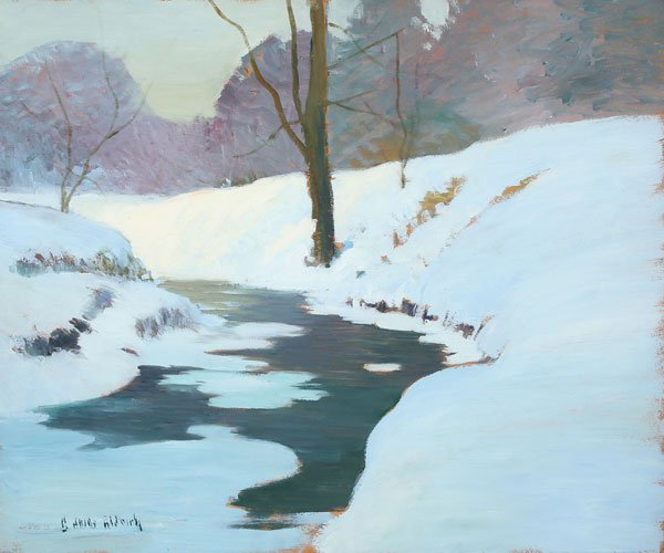 GEORGE AMES ALDRICH WINTER LANDSCAPE PAINTING: GEORGE AMES ALDRICH(American 1872-1941) Winter Stream Oil on board Signed lower left 20 inches x 24 inches, unframed SHIPPING NOTICE: Jackson’s is your sole and only source