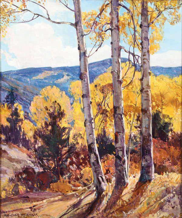 NEW MEXICO LANDSCAPE BY FREDERICK WILLIAM BECKER: FREDERICK WILLIAM BECKER(American 1888-1974) Blue and Gold Aspen - New Mexico Oil on canvas Signed lower left and titled on verso 30 inches x 25 inches SHIPPING NOTICE: Ja