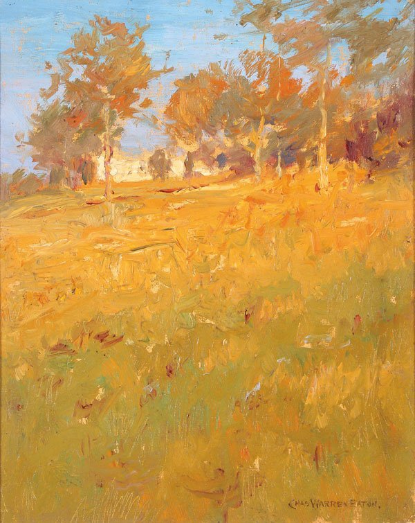 TONALIST FALL LANDSCAPE BY CHARLES EATON 1857-1937: CHARLES WARREN EATON(American 1857-1937) A Tonalist Fall Landscape Oil on board Signed lower right 9.25 inches x 7.5 inches SHIPPING NOTICE: Jackson’s is your sole and only