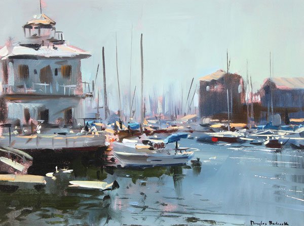 DOUGLAS BADCOCK, NEWPORT HARBOR SCENE 1981: DOUGLAS BADCOCK(New Zealand 1922-2009) Newport, Near the Cannery - 1981 Oil on board Signed lower right and dated '81 12.75 inches x 17 inches (32.5 x 43 cm) Provenance: Challis Galleris, Lagu