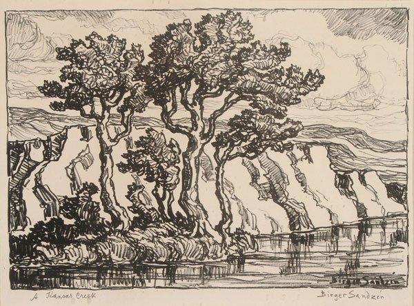BIRGER SANDZEN KANSAS CREEK SIGNED LITHOGRAPH: BIRGER SANDZEN(American 1871-1954) A Kansas Creek Lithograph on paper Signed lower right in pencil and titled lower left 7 inches x 10 inches SHIPPING NOTICE: Jackson’s is y