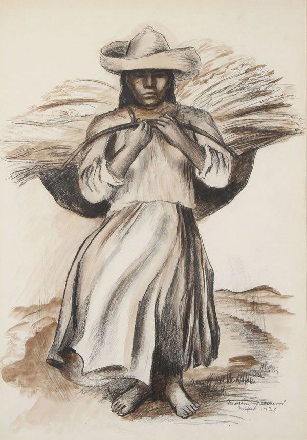 4 ORIGINAL WORKS ON PAPER BY MARION GREENWOOD 1933: A GROUP OF 4 ORIGINAL WORKS ON PAPER BY MARION GREENWOOD (AMERICAN 1909-1970), ALL DATED MEXICO, 1933. Comprising, #1 A Wheat Gatherer, Conté crayon and ink wash, 22 inches x 15 inches, signed and d