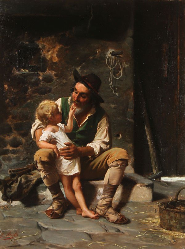 LARGE ITALIAN GENRE PAINTING, LUIGI BECHI,19TH C.: LUIGI BECHI(Italian 1830-1919) Grandpa's Love Oil on canvas Signed lower left 30 inches x 22.75 inches (76.5 x 58 cm) SHIPPING NOTICE: Jackson’s is your sole and only source