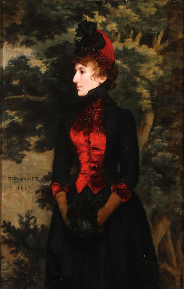 OIL ON WOOD PANEL SIGNED FENNER-BEHMER 1887: HERMANN FENNER-BEHMER(German 1866-1913) Portrait of a Finely Dressed Woman with Velvet Vest and Fur Muff - 1887 Oil on wood panel Signed mid left "F.H. BEHMER" and dated 1887 16 inches x 10.25 inches 