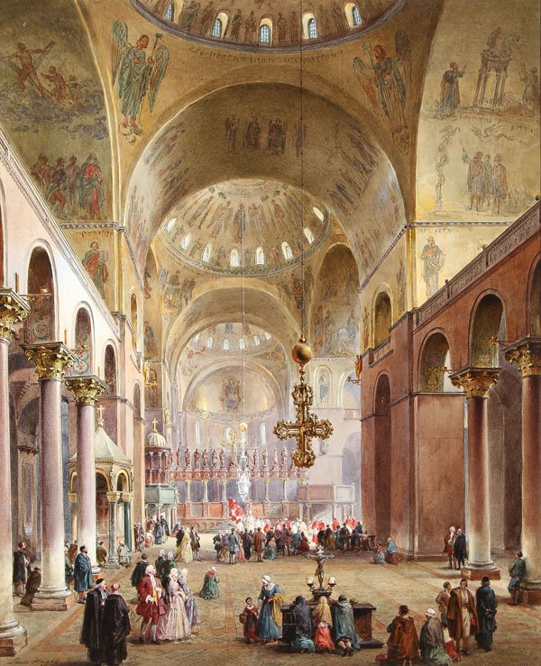 FINE W/C OF ST. MARKS VENICE BY LOUIS HAGHE DATED 1873: LOUIS HAGHE(Belgian 1806-1885) Interior of Saint Marks - Venice, 1873 Watercolor with gum arabic and gouache Signed lower left and dated "Louis Haghe - 1873" 29.5 inches x 24 inches (75 x 61 cm) <