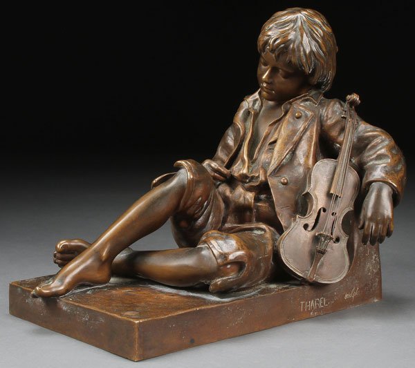 GOOD FRENCH BRONZE BY LEON THAREL (1858-1902): LEON THAREL(French 1858-1902) The Sleeping Fiddler Bronze with brown patina Signed on base "THAREL" and Susse Fres foundry mark Length 11.5 inches (29 cm) SHIPPING NOTICE: J