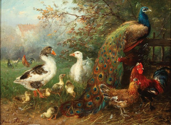 GERMAN BARNYARD BY JULIUS SCHEUERER 1859-1913: JULIUS SCHEUERER(German 1859-1913) Barnyard Fowl Oil on wood panel Signed lower left 8.75 inches x 11 inches (22 x 28 cm) SHIPPING NOTICE: Jackson’s is your sole and only so