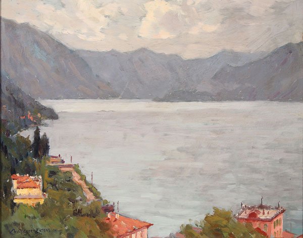 LAKE COMO PAINTING BY CHARLES WARREN EATON 1857-1937: CHARLES WARREN EATON(American 1857-1937) Lake Como Oil on board Signed lower left 8 inches x 10 inches SHIPPING NOTICE: Jackson’s is your sole and only source for one stop