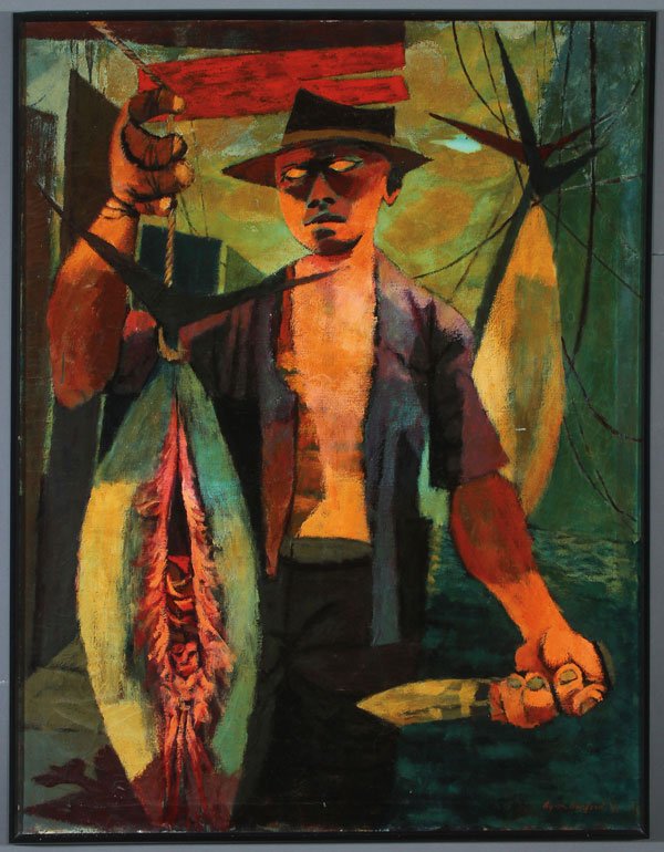 BYRON BURFORD MODERNIST OIL SIGNED & DATED 1948: BYRON BURFORD(American 1920-2011) A Fresh Catch - 1948 Oil on canvas Signed and dated lower right 44 inches x 34 inches SHIPPING NOTICE: Jackson’s is your sole and only s