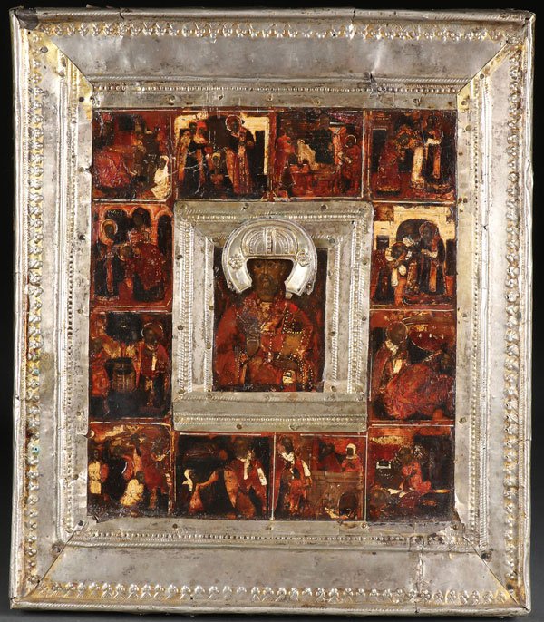 A RUSSIAN ICON ST. NICHOLAS & LIFE SCENES 18THC.: A RUSSIAN ICON OF ST. NICHOLAS WITH SCENES FROM HIS LIFE, LATE 18TH CENTURY. At center the traditional depiction of Nicholas and the outer borders with 12 life scenes. Embellished with low grade silve