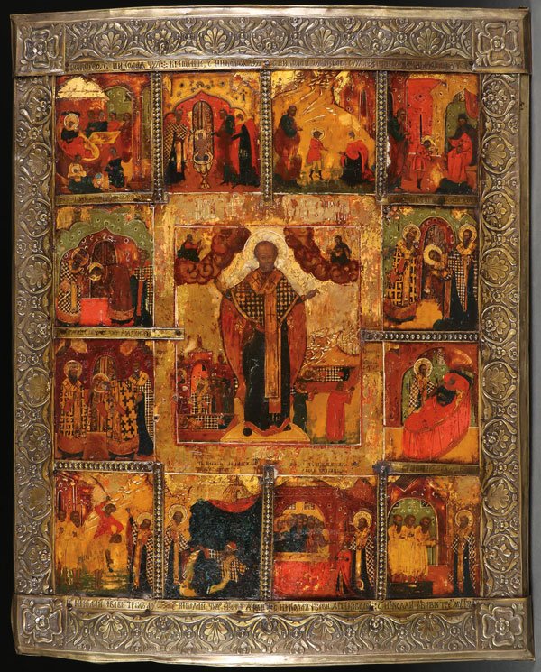 LARGE RUSSIAN ICON OF ST. NICHOLAS 18TH CENTURY: A LARGE RUSSIAN ICON OF ST. NICHOLAS WITH LIFE SCENES, 18TH CENTURY. At center a full length image of Saint Nicholas with unusual depiction of the translation of his relics included in this central sc