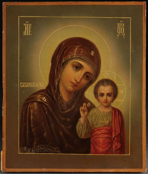 NEO-BYZANTINE RUSSIAN ICON OF THE KAZANSKAYA C. 1910: A VERY FINE RUSSIAN ICON OF THE KAZAN MOTHER OF GOD IN THE NEO-BYZANTINE STYLE, CIRCA 1910. Finely painted in tempera on a moss green ground. The vestments of the Virgin and Christ Child with highly d