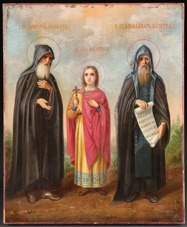 A RUSSIAN ICON OF SELECTED SAINTS, CIRCA 1880: A RUSSIAN ICON OF SELECTED SAINTS, MONASTERY WORKSHOP, CIRCA 1880. From left to right they are identified by the inscriptions above their head as: the Holy Venerable Gregory of Sinai, the Holy Martyr 
