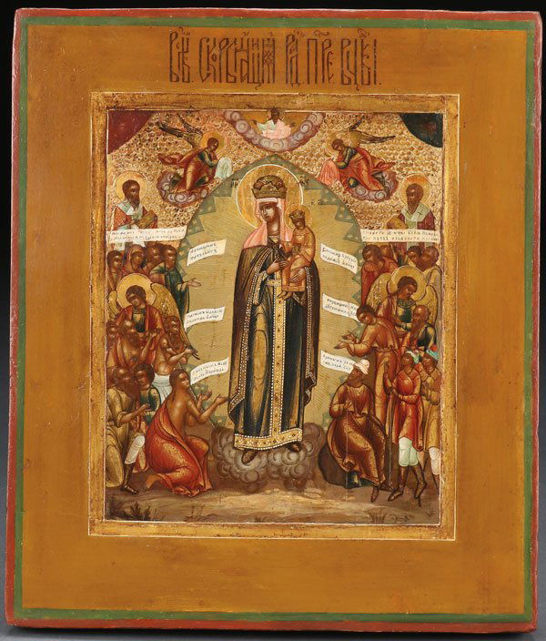 A FINE RUSSIAN ICON PALEKH 19TH CENTURY: A RUSSIAN ICON OF THE MOTHER OF GOD JOY TO ALL WHO SORROW, PROBABLY PALEKH, 19TH CENTURY. Finely painted, the crowned Mother of God and Infant Christ at center, flanked by faithful asking for her inte