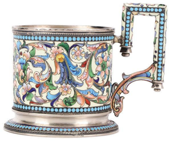 RUSSIAN SILVER & ENAMEL TEA GLASS HOLDER, MOSCOW 1896-: A FINE RUSSIAN SILVER-GILT AND SHADED ENAMEL TEA GLASS HOLDER, IVAN SALTYKOV, MOSCOW, 1896-1908. Raised on a slightly flared foot with turquoise beaded border, the sides decorated overall in multi-col