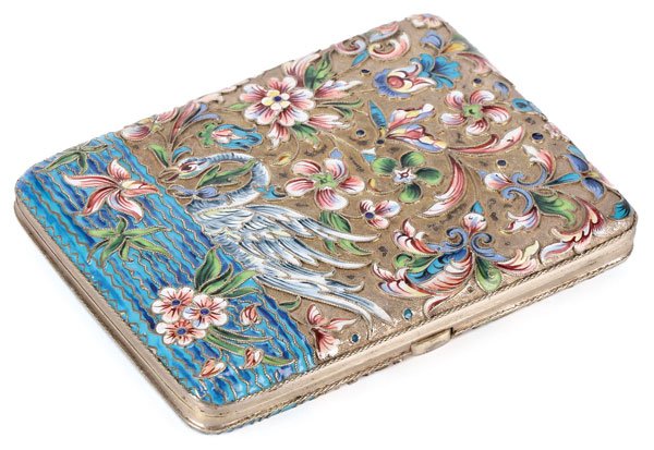RUSSIAN SILVER & ENAMEL CIGARETTE CASE, NIKOLAEV: A RUSSIAN SILVER-GILT CLOISONNÉ AND SHADED ENAMELED CIGARETTE CASE, DIMITRIY NIKOLAEV, MOSCOW, 1896-1908. Of rectangular form, each side of the hinged lid similarly enameled with floral forms, and a