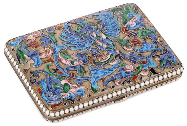 RUSSIAN SILVER & ENAMEL CIGARETTE CASE MOSCOW 1896-1908: AN INTERESTING RUSSIAN SILVER-GILT AND SHADED ENAMEL CIGARETTE CASE, PETER MILYUKOV, MOSCOW, 1896-1908. Of rectangular form with rounded corners, both sides decorated with an exotic bird with outstret