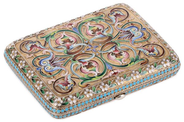 RUSSIAN SILVER & ENAMEL CIGARETTE CASE, MARIA SEMENOVA: A FINE RUSSIAN GILDED SILVER AND SHADED CLOISONNÉ ENAMEL CIGARETTE CASE, MARIA SEMENOVA, MOSCOW, CIRCA 1896-1908. Of rectangular form with rounded corners, overall decorated with multi-color scrollin