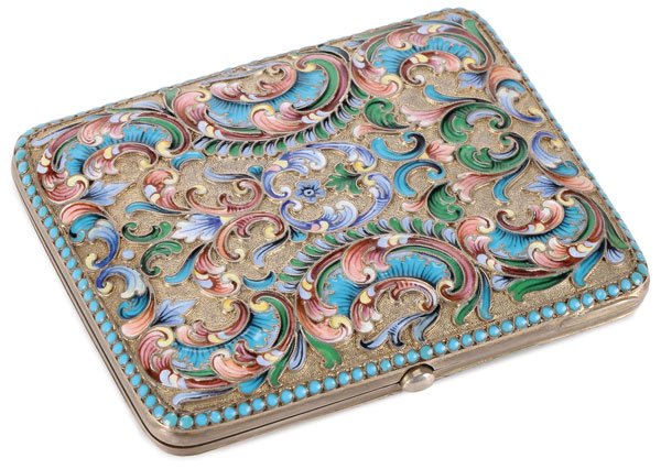 RUSSIAN SILVER & ENAMEL CIGARETTE CASE, ZAKHAROV: A FINE RUSSIAN GILDED SILVER AND SHADED CLOISONNÉ ENAMEL CIGARETTE CASE, IVAN ZAKHAROV, MOSCOW, CIRCA 1896-1908. Of slightly elongated square form with rounded corners, overall decorated with multi-c