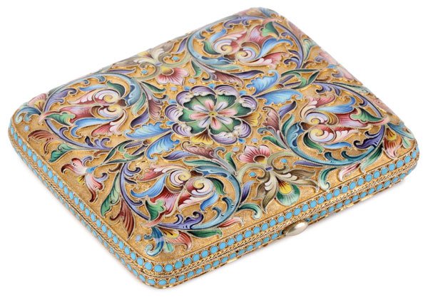 RUSSIAN SILVER & ENAMEL CIGARETTE CASE MOSCOW 1896-1908: A VERY FINE RUSSIAN GILDED SILVER AND SHADED CLOISONNÉ ENAMEL CIGARETTE CASE, MARIA SEMENOVA, MOSCOW, CIRCA 1896-1908. Of square form with rounded corners, overall decorated with multi-color scrollin