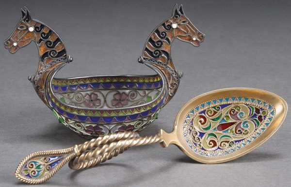 NORWEGIAN SILVER & ENAMEL, MARIUS HAMMER C. 1900: A NORWEGIAN SILVER AND PLIQUE-A-JOUR BOWL AND SPOON, CIRCA 1900. Comprising a silver-gilt and enamel bowl with horsehead prows on either side executed in transparent plique-a-jour enamel, the interior