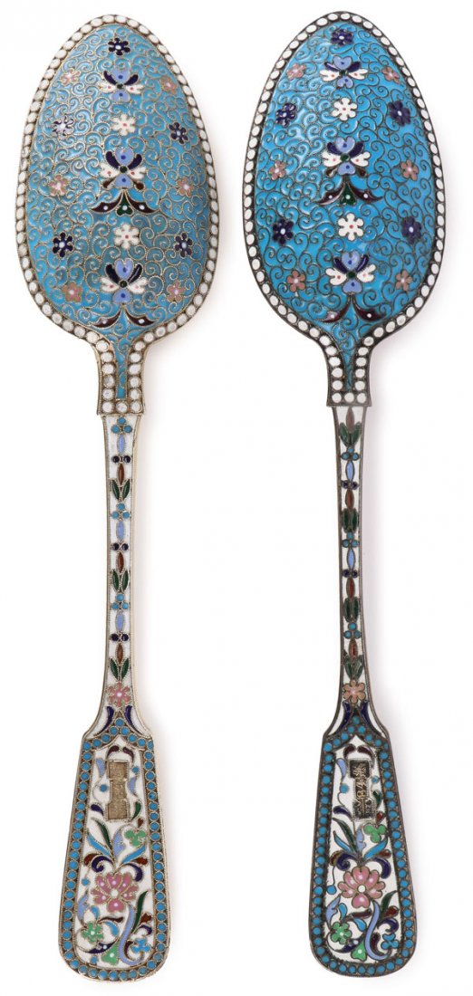 PAIR OF LARGE RUSSIAN SILVER & ENAMEL SPOONS 1871: A PAIR OF LARGE RUSSIAN SILVER-GILT AND CLOISONNÉ ENAMEL SERVING SPOONS, MOSCOW, 1871. Each bowl enameled overall with flower heads on a turquoise ground and with white beaded border, the handles als