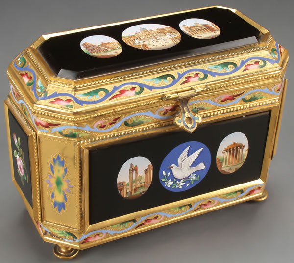 EXCEPTIONAL MICRO MOSAIC & ENAMEL CASKET 19THC.: A VERY FINE GILT-BRONZE MICRO MOSAIC AND ENAMEL CASKET, ROMAN, 19TH CENTURY. Resting on four bun feet, the rectangular casket with squared corners, each of the four sides and the hinged lid mounted wi