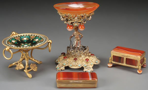 4 CARNELIAN SILVER GILT & BRONZE MINIATURES: A GROUP OF FOUR CARNELIAN SILVER GILT AND GILT BRONZE MINIATURES, 19TH CENTURY. Comprising a Viennese silver gilt jeweled and enameled coupe with Native American figural stem below a carved agate bowl