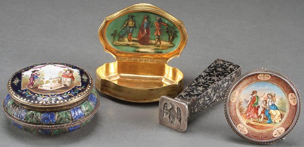 GROUP OF SILVER & ENAMELED DECORATIVE ITEMS 19TH C.: A GROUP OF SILVER AND ENAMELED DECORATIVE ITEMS, CONTINENTAL, 19TH CENTURY. Comprising a squat bulbous-form lidded pill box with cloisonné enameled sides, the fitted lid with enamel painted amorous s