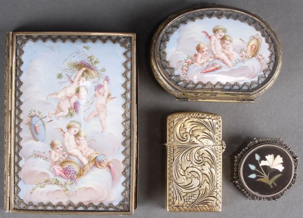 A GROUP OF CONTINENTAL ENAMELED OBJECTS CIRCA 1900-: A GROUP OF CONTINENTAL ENAMELED OBJECTS, CIRCA 1900-. Comprising a matching French notebook and cover, the front and back hinged lid finely enameled with amorous scene on the front and verso, an alleg