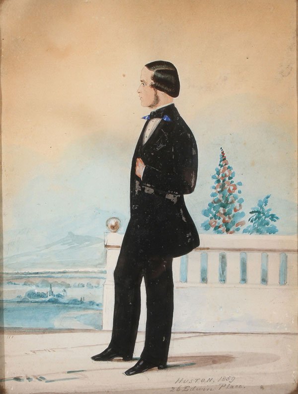 MINIATURE PORTRAIT PAINTING SIGNED & DATED 1859: AN AMERICAN MINIATURE PORTRAIT PAINTING SIGNED AND DATED 1859. Comprising a left facing full length image of a gentleman standing on a balcony overlooking a distant vista, rendered in watercolor and g
