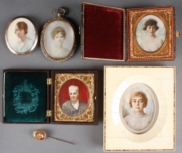 GROUP OF FIVE MINIATURE PORTRAITS C.1890-1920S: A GROUP OF FIVE MINIATURE PORTRAITS, CIRCA 1890-1920S. Comprising an oval portrait of a young woman in gilt oval frame, verso with locket of hair, height 2.5 inches (6.5 cm); another oval portrait of 