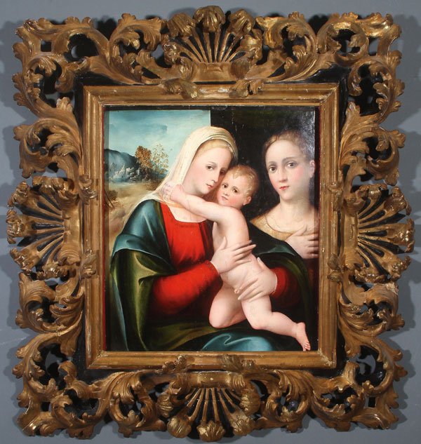OIL ON WOOD PANEL ITALIAN 17TH/18TH CENTURY: ITALIAN SCHOOL(17th/18th century) The Madonna and Child with Saint Anne Oil on cradled wood panel Unsigned 22 inches x 19 inches (56 x 48 cm), contained in a carved gilt wood Venetian frame