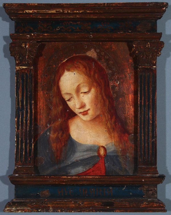 PORTRAIT OF THE VIRGIN IN TABERNACLE FRAME: A BUST PORTRAIT OF THE VIRGIN IN TABERNACLE FRAME, 19TH CENTURY, AFTER DA VINCI. Oil on wood panel contained in a carved and gilt wood tabernacle frame with fluted side columns, overhanging cornice an