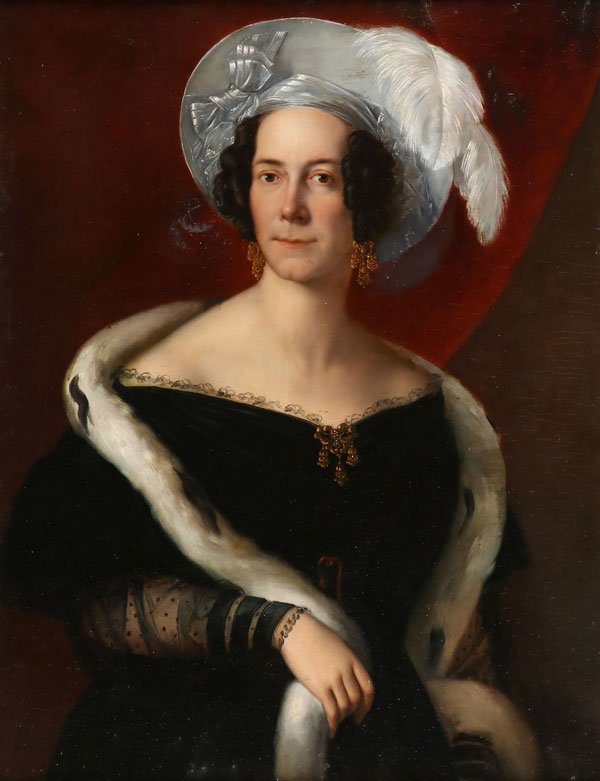 PORTRAIT PAINTING CIRCLE OF ROBERT FIELD C.1820: Circle of ROBERT FIELD(1769-1819) Portrait of an Elegantly Dressed Young Woman - circa 1820 Oil on canvas Apparently unsigned 35.5 inches x 28 inches (90 x 71 cm) The verso with affixed label identify