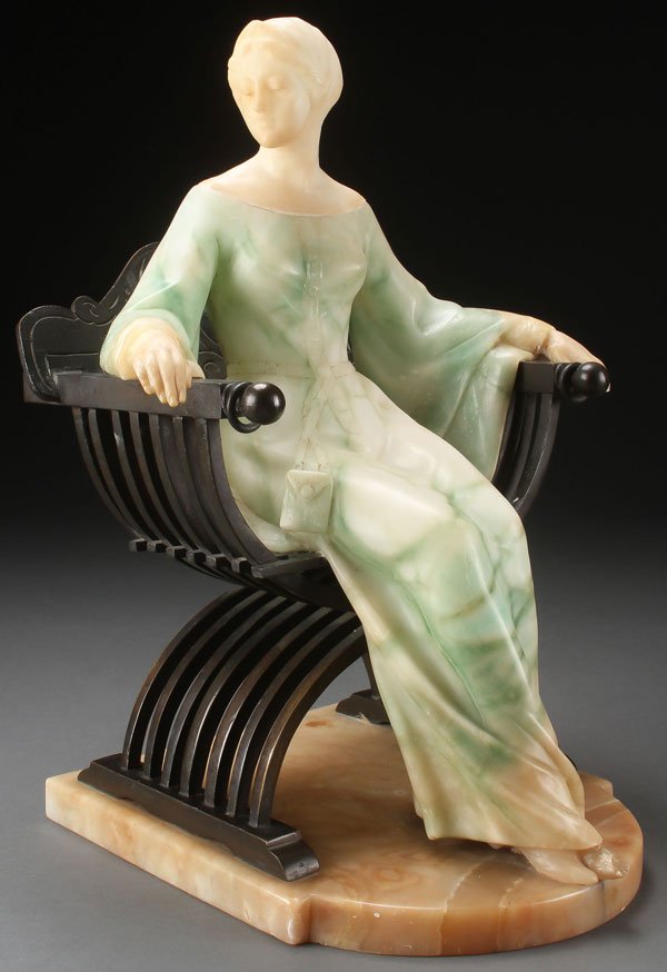 A FINE CARVED ALABASTER FIGURE, EMILIO FIASCHI: A FINE CARVED ALABASTER FIGURE, EMILIO FIASCHI (ITALIAN 1858-1941). Carved in full round with good details, proportions and anatomy, the seated Renaissance beauty seated in a cast patinated bronze Sav