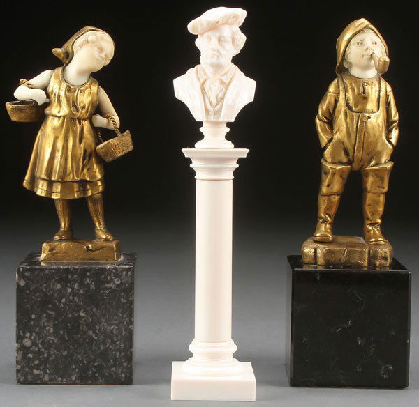 GROUP OF GILT BRONZE & IVORY SCULPTURES C. 1890: A GROUP OF GILT BRONZE AND IVORY SCULPTURES, GERMAN, CIRCA 1890. Comprising a pair of Paul Schmidt-Felling (German 1835-1920) gilt bronze figures; a little girl with baskets and a young boy with pipe