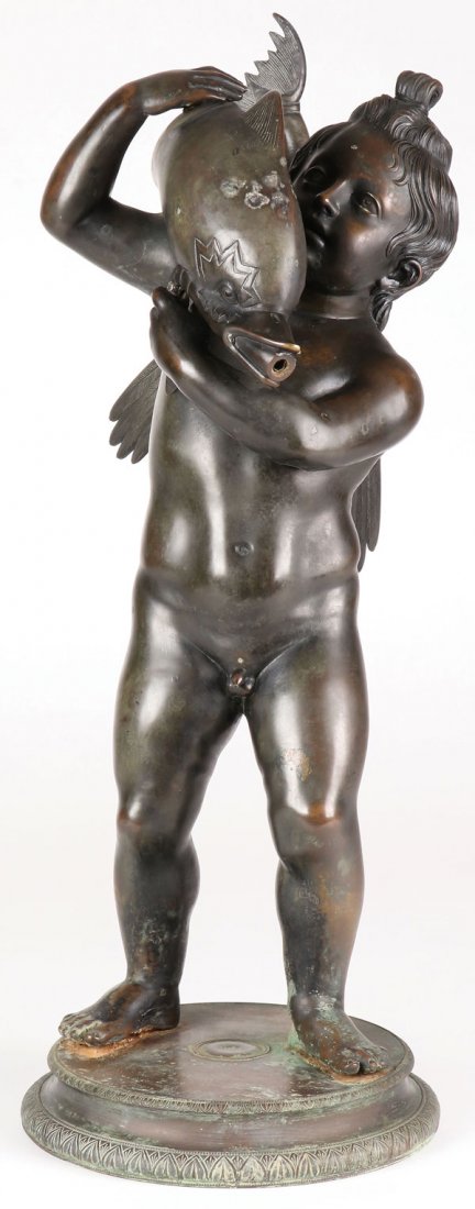 A LARGE GRAND TOUR PATINATED BRONZE FOUNTAIN: A LARGE GRAND TOUR PATINATED BRONZE FOUNTAIN, CUPID WITH DOLPHIN, CHIURAZZI FOUNDRY, NAPLES, 19TH CENTURY. Finely modeled with dark brown and verdigris patina, after the Pompeiian original, now housed