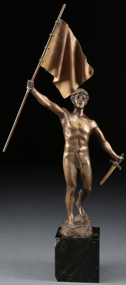 PRO PATRIA BRONZE BY OTTO SCHMIDT-HOFER 1914: OTTO SCHMIDT-HOFER (German 1873-1925)Pro Patria – 1914Patinated bronzeInscribed on base “Hofer” and with foundry stampOverall height (including polished marble base) 14.2 inches (36.3 cm)