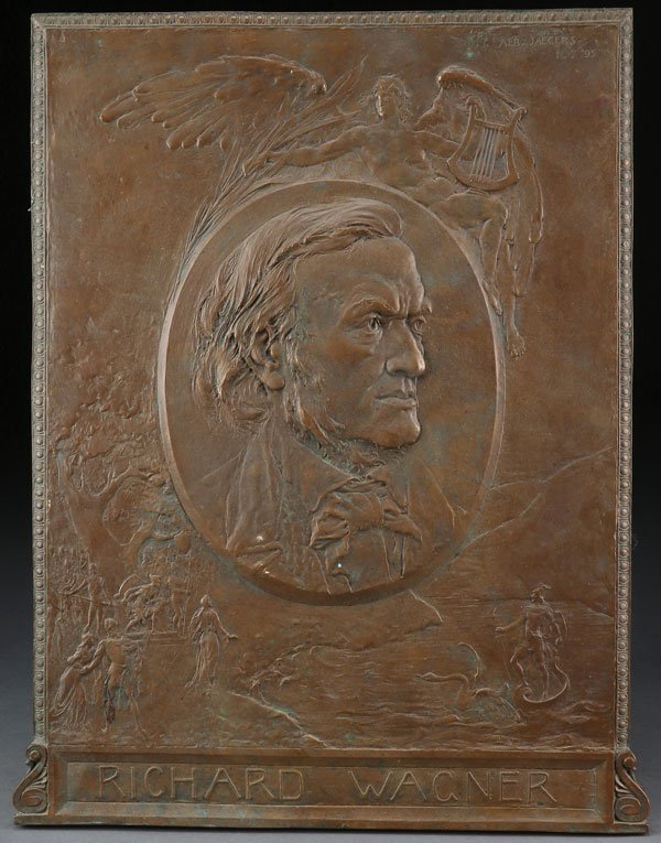 BRONZE RELIEF PLAQUE OF RICHARD WAGNER BY A. JAEGERS: ALBERT JAEGERS(German/American 1868-1925) Richard Wagner - 1895 A relief bronze plaque measuring 16.5 x 13 inches (42 x 33cm). Signed upper right ALB. JAEGERS N.Y. 95 SHIPPING NOTICE:<