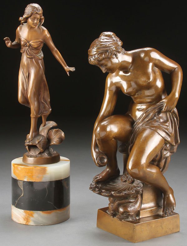 A PAIR OF CLASSICAL STYLE SCULPTURES, C 1880-1920: A PAIR OF CLASSICAL STYLE SCULPTURES, CIRCA 1880-1920. Comprising a bronze figure of "Venus at Her Bath", finely sculpted in full round and with good detail and rich even overall patina, apparently un