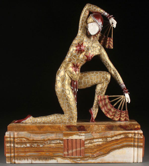 ART DECO STYLE BRONZE AFTER CHIPARUS, FAN DANCER: After DIMITRI HARALAMB CHIPARUS(Romanian 1886-1947)Fan Dancer Cold painted bronze with carved features on integral marble base22 inches x 20.5 inches (56 x 52 cm) SHIPPING NOTICE: