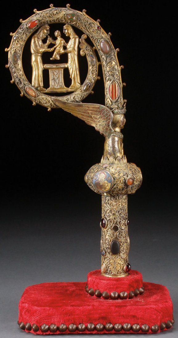 A FRENCH GILT COPPER AND LIMOGES ENAMEL CROSIER: AN INTERESTING GILT COPPER AND LIMOGES ENAMEL CROSIER, FRENCH, PROBABLY 19TH CENTURY IN THE 13TH CENTURY STYLE. Enclosed within the volute of the crosier, the Virgin Mary presents the infant Christ to